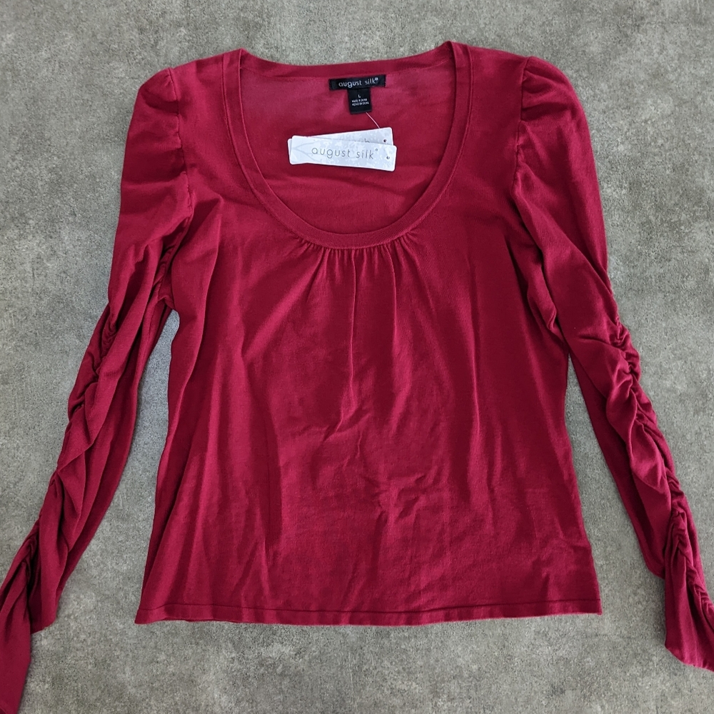 August Silk top, silk blend, scoop neck, rouched sleeves, red, size large
